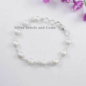 Natural Fresh Water Pearl Bracelet, 925 Sterling Silver Bracelet, Handmade Bezel Bracelet, Round Pearl Bracelet, Gift for Daughter