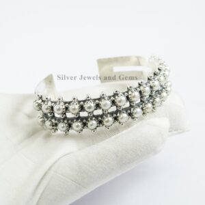 Natural White Pearl Cuff Bracelet, 925 Sterling Silver Statement Bracelet, Wedding Bracelet, Handmade Bracelet, Round Pearl Bracelet