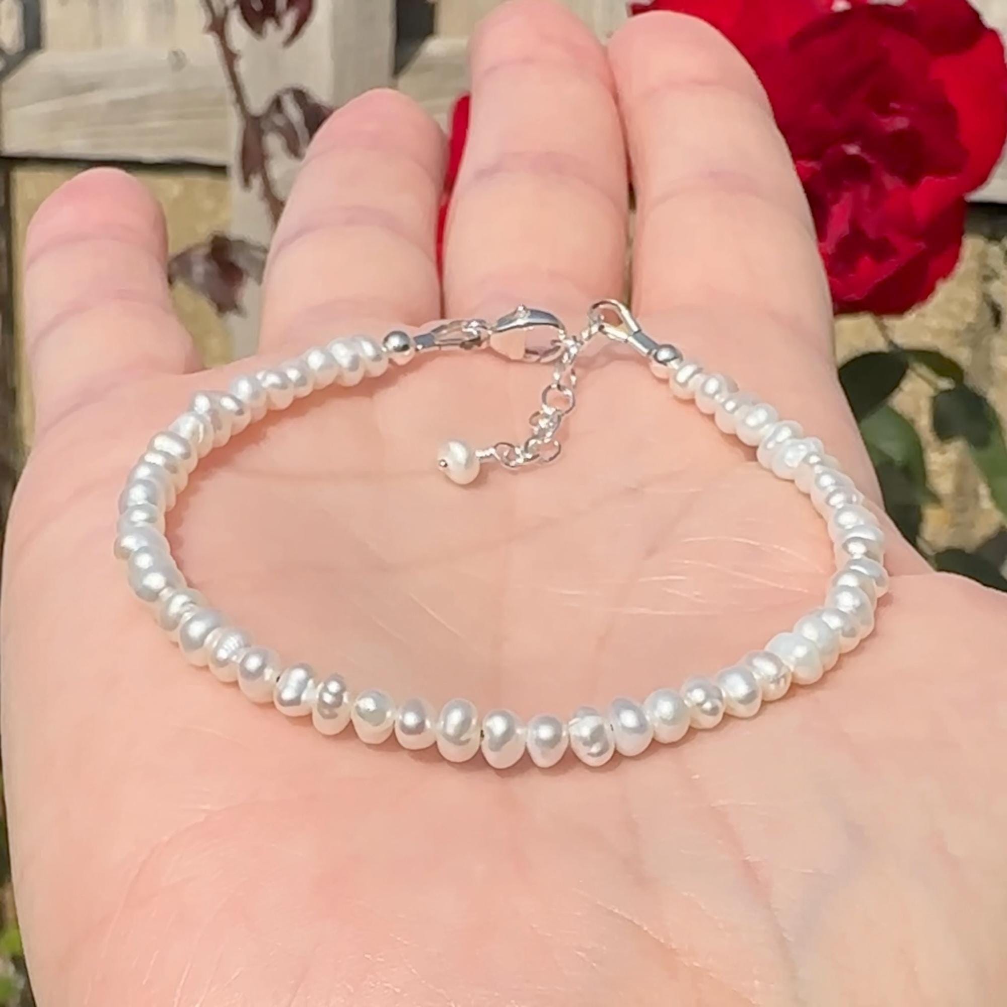 Natural White Freshwater Seed Pearl Bracelet In Sterling Silver, Gold Or Rose Gold Filled, Dainty 3mm Genuine Pearls Natural White Freshwater Seed Pearl Bracelet In Sterling Silver, Gold Or Rose Gold Filled, Dainty 3mm Genuine Pearls