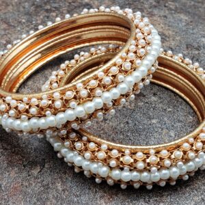 Pair Of Bangles, Gold Finish Kada Adorned With Pearls, Size 2.4 Or Size 2.6