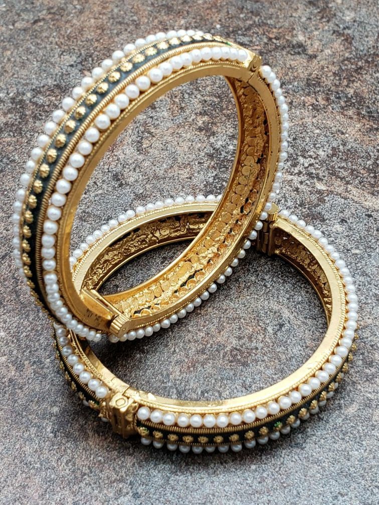 Pair Of Bangles, Gold Finish Kada With Pearls, Size 2:6