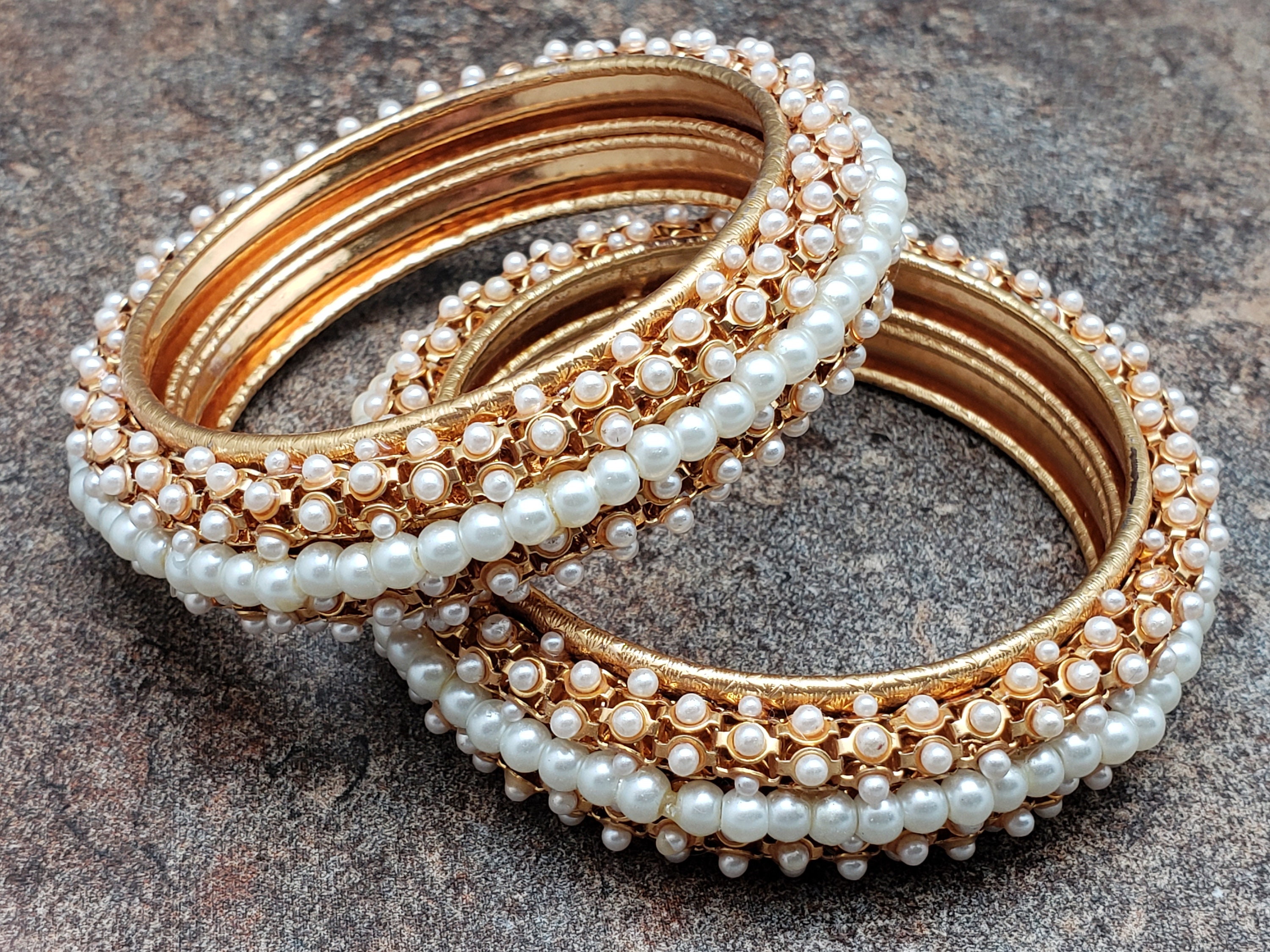 Pair Of Bangles, Gold Finish Kada Adorned With Pearls, Size 2.4 Or Size 2.6 Pair Of Bangles, Gold Finish Kada Adorned With Pearls, Size 2.4 Or Size 2.6