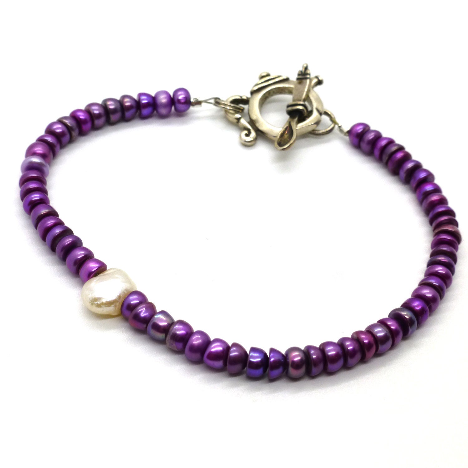 Purple Fresh Water Pearls And Sterling Silver Bracelet Size 8 Handmade By Lisajoy Sachs Natural One Of A Kind Gift For Her