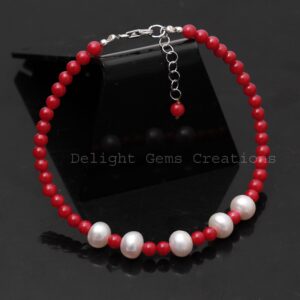 Red Coral Pearl Beaded Bracelet, Sterling Silver Dainty Bracelet