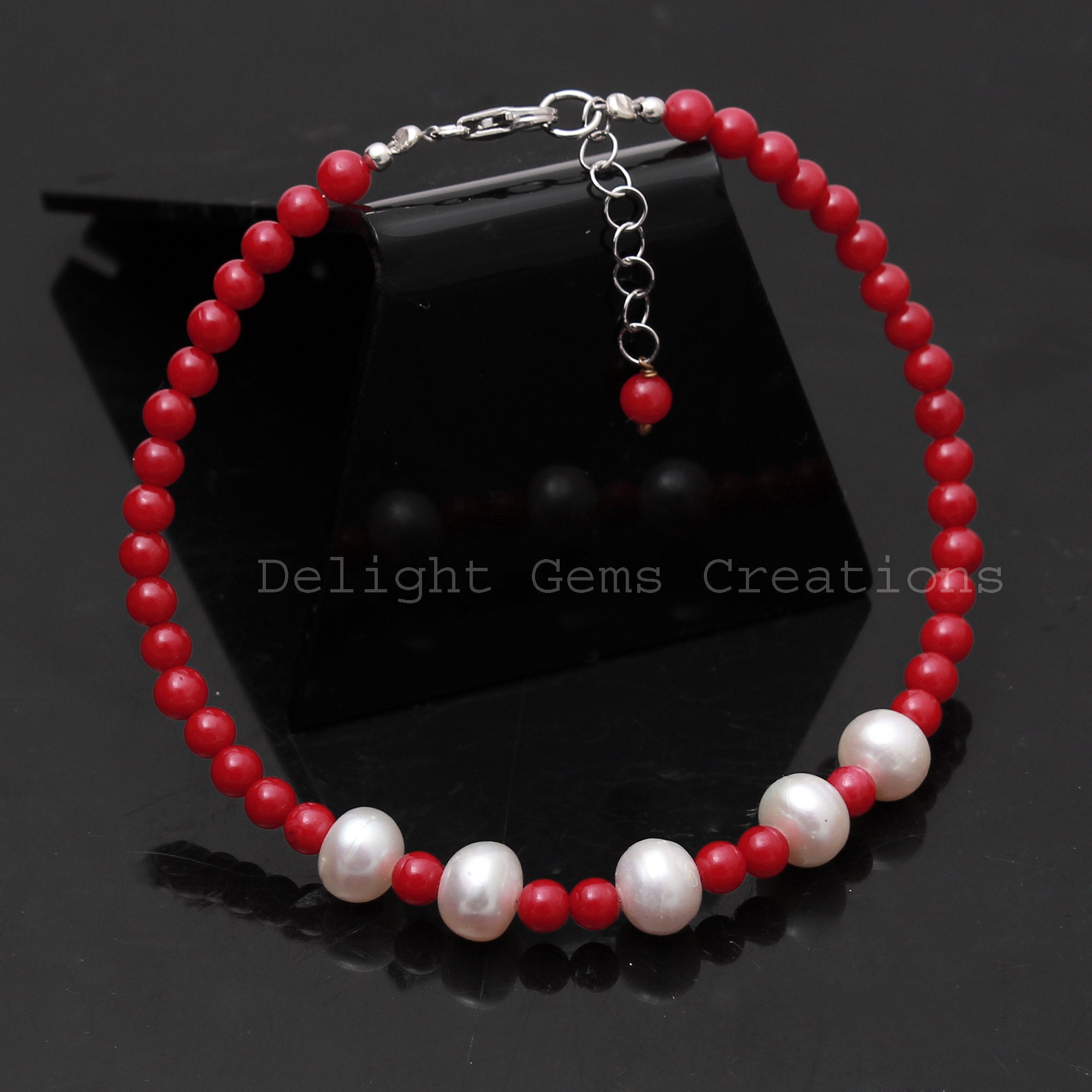 Red Coral Pearl Beaded Bracelet, Sterling Silver Dainty Bracelet