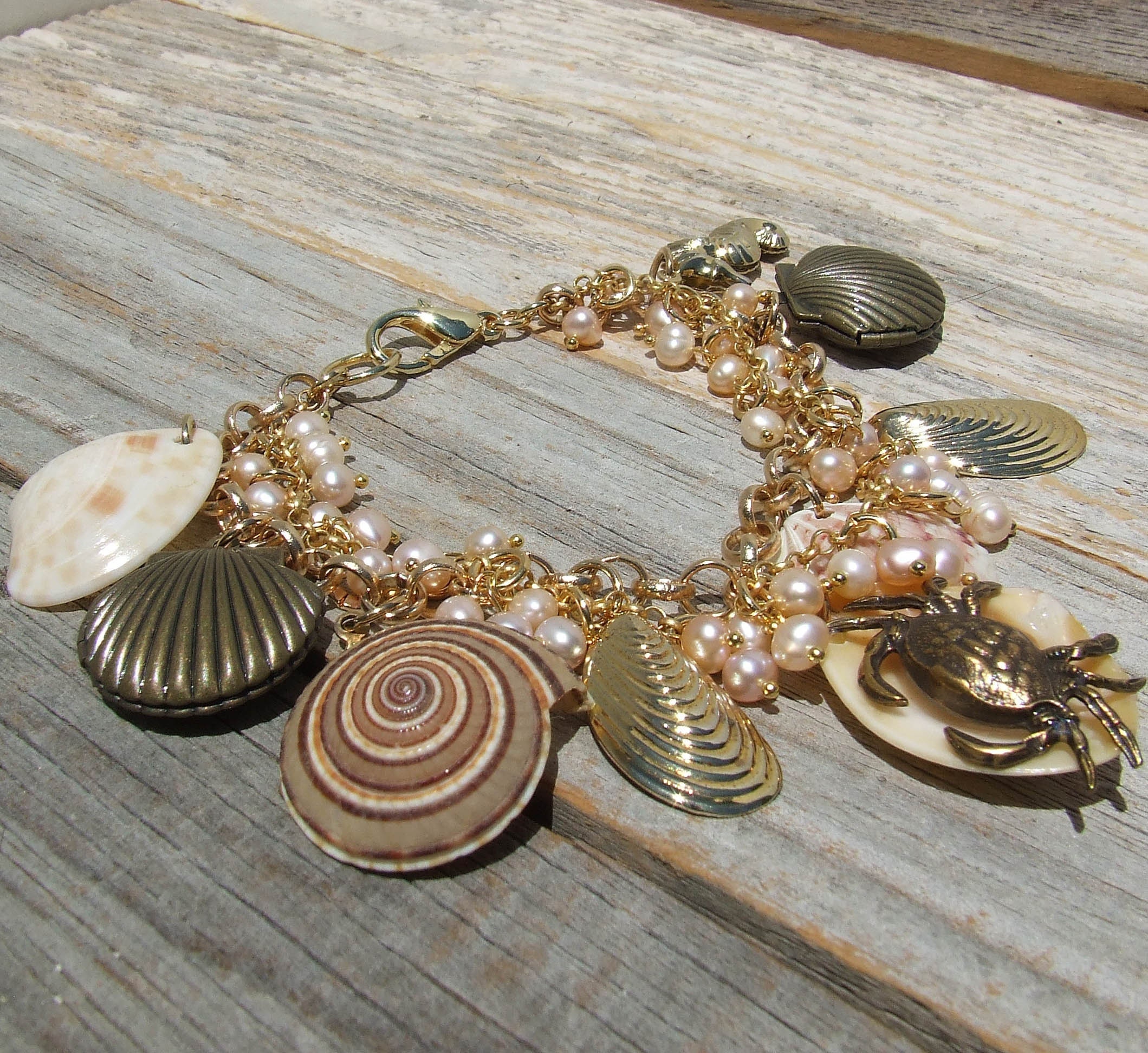 Seashell And Pearl Charm Bracelet, Mermaidcore Jewelry With Lockets