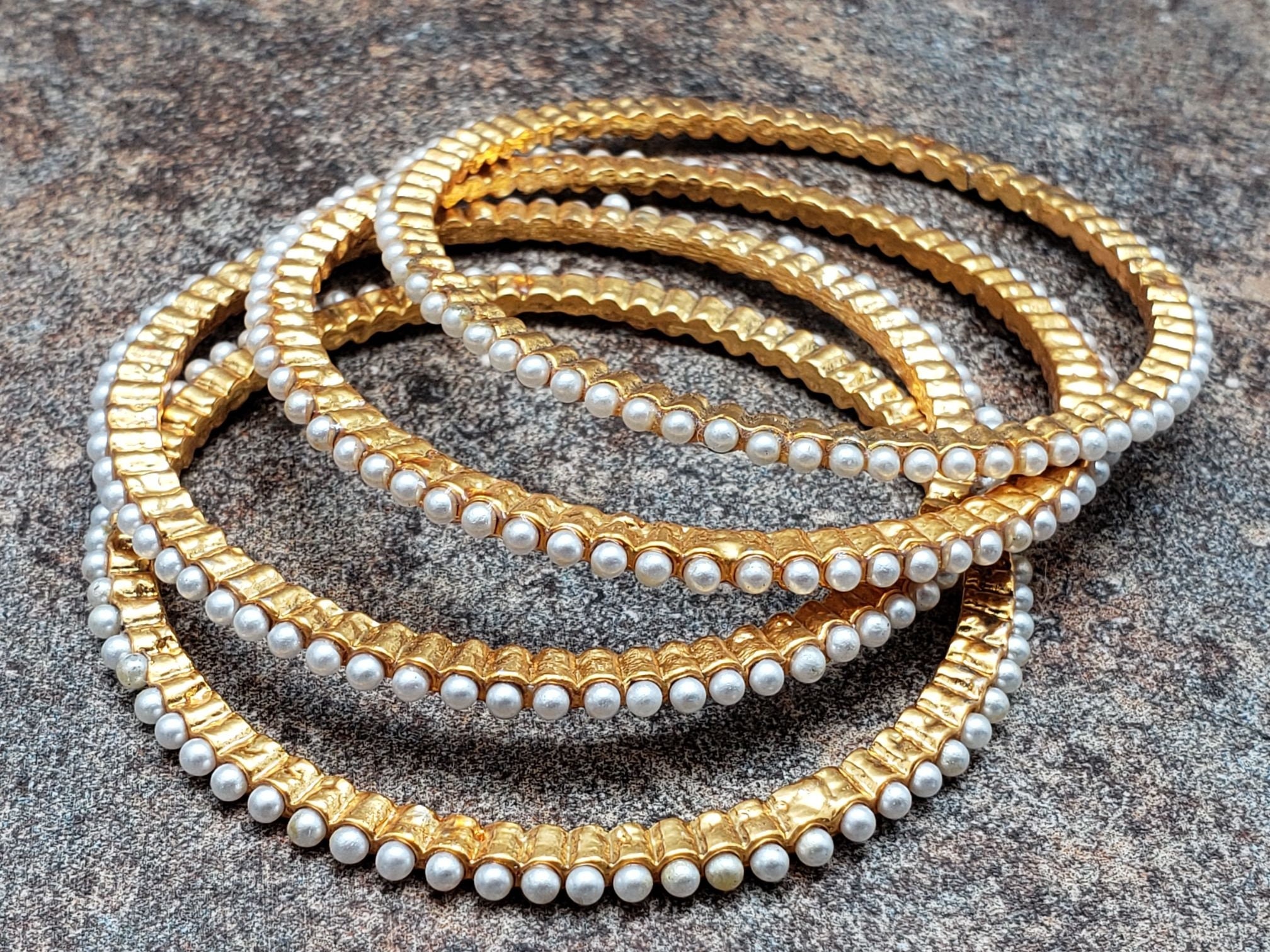 Set Of 4 Bangles, Gold Finish Bangles With Pearls, Size 2-4 Or Size 2-6 Set Of 4 Bangles, Gold Finish Bangles With Pearls, Size 2-4 Or Size 2-6