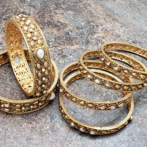 Set Of 6 Bangles, Gold Finish Bangles With Pearl Adornments, Size 2.4, Size 2.6, Or Size 2.8