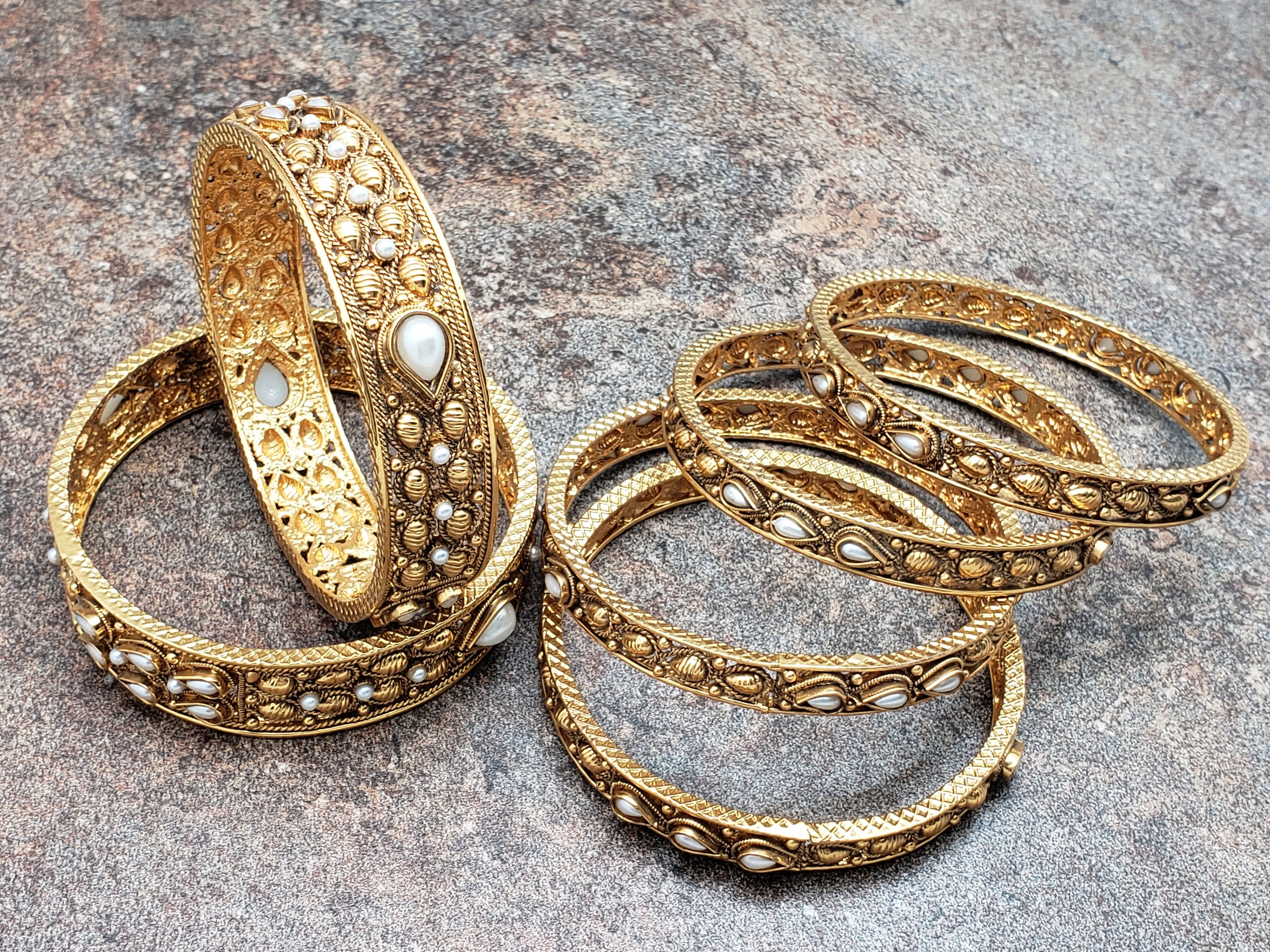 Set Of 6 Bangles, Gold Finish Bangles With Pearl Adornments, Size 2.4, Size 2.6, Or Size 2.8 Set Of 6 Bangles, Gold Finish Bangles With Pearl Adornments, Size 2.4, Size 2.6, Or Size 2.8