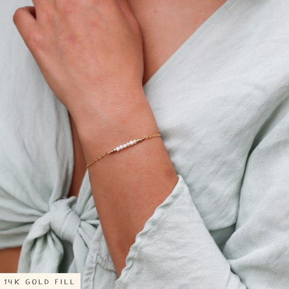 Tiny Freshwater Pearl Bead Bar Bracelet. White Pearl Bracelet. Elegant Beaded Bar Bracelet For Women. Dainty June Birthstone Bracelet Gift.