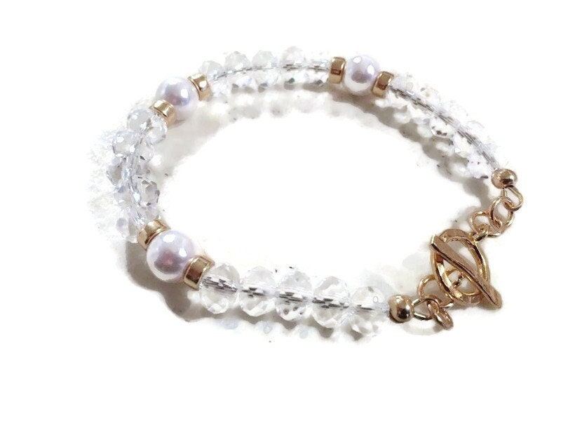 White Pearl Bracelet - June Birthstone - Clear Crystal Jewelry - Gold Jewellery - Bride