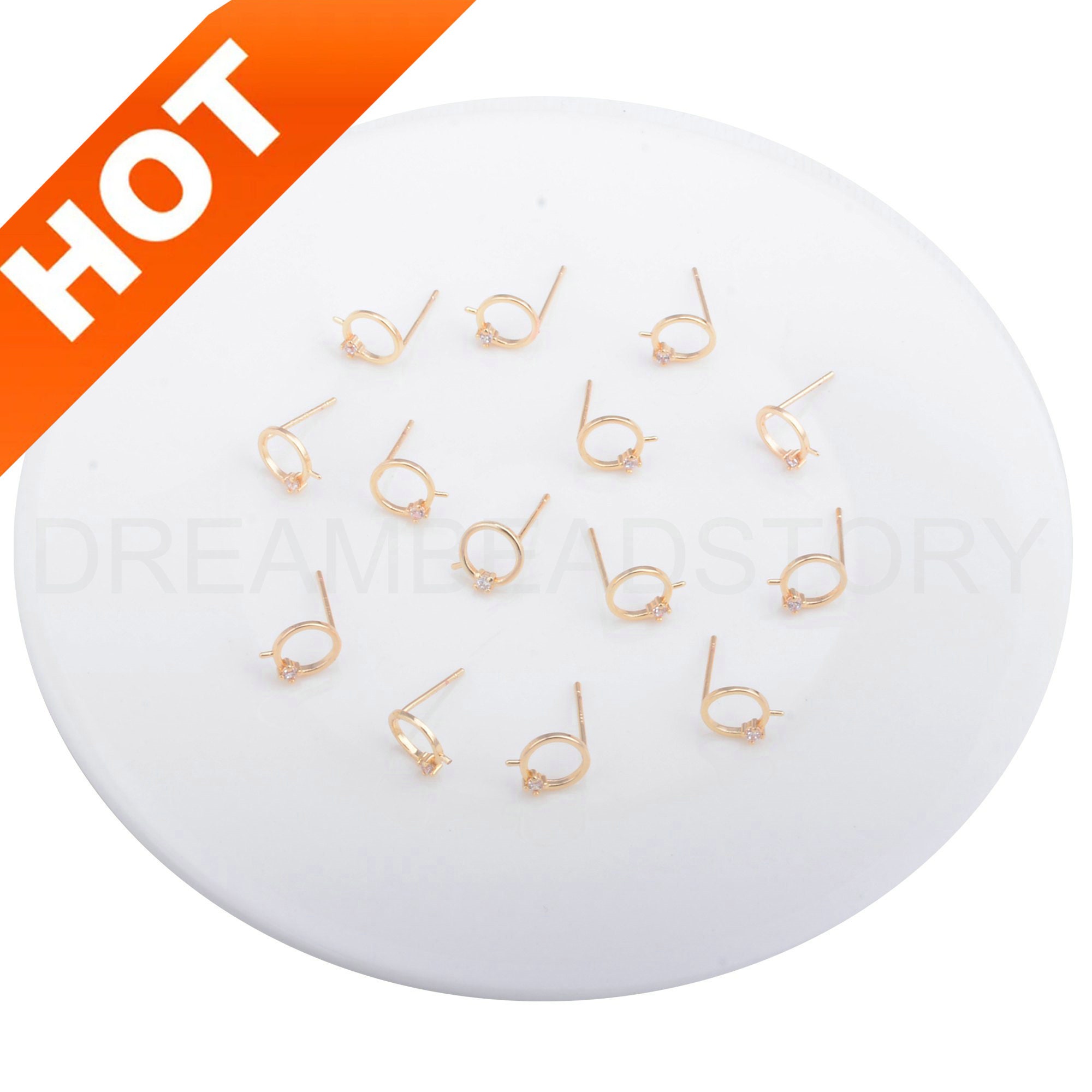 2-200 Pcs Simple Earring Post Finding, 14k Real Gold Plated Earring Circle Blank Setting With Peg For Half Drilled Pearl (925 Silver Pin)