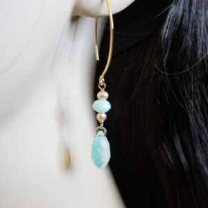 Aqua Austrian Crystal and Pink Pearl Gold Filled Earrings