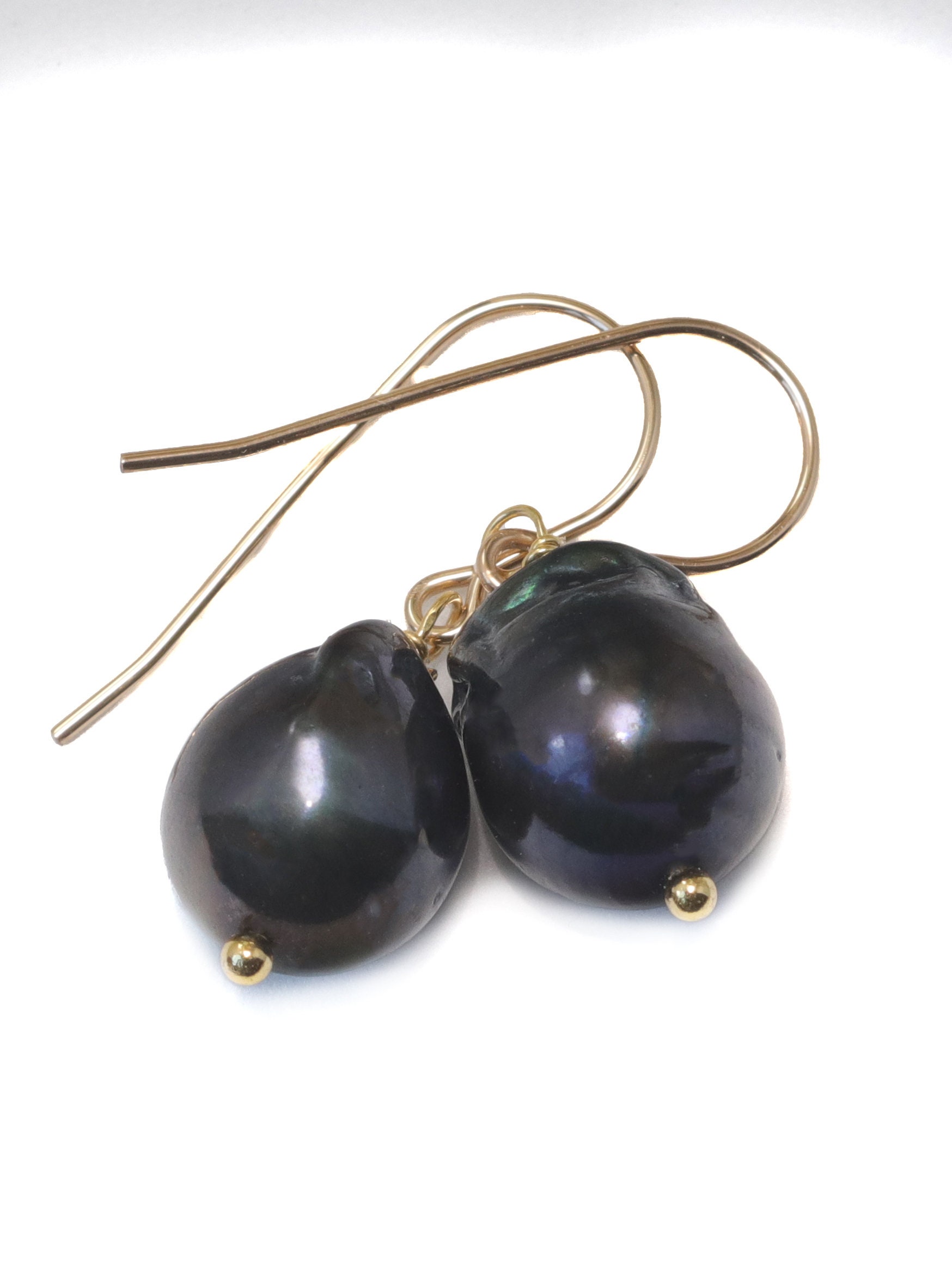 Baroque Pearl Earrings Black Peacock Large Freshwater Cultured Pearls 14k Solid Gold Or Filled Or Sterling Silver Natural Classic Drops