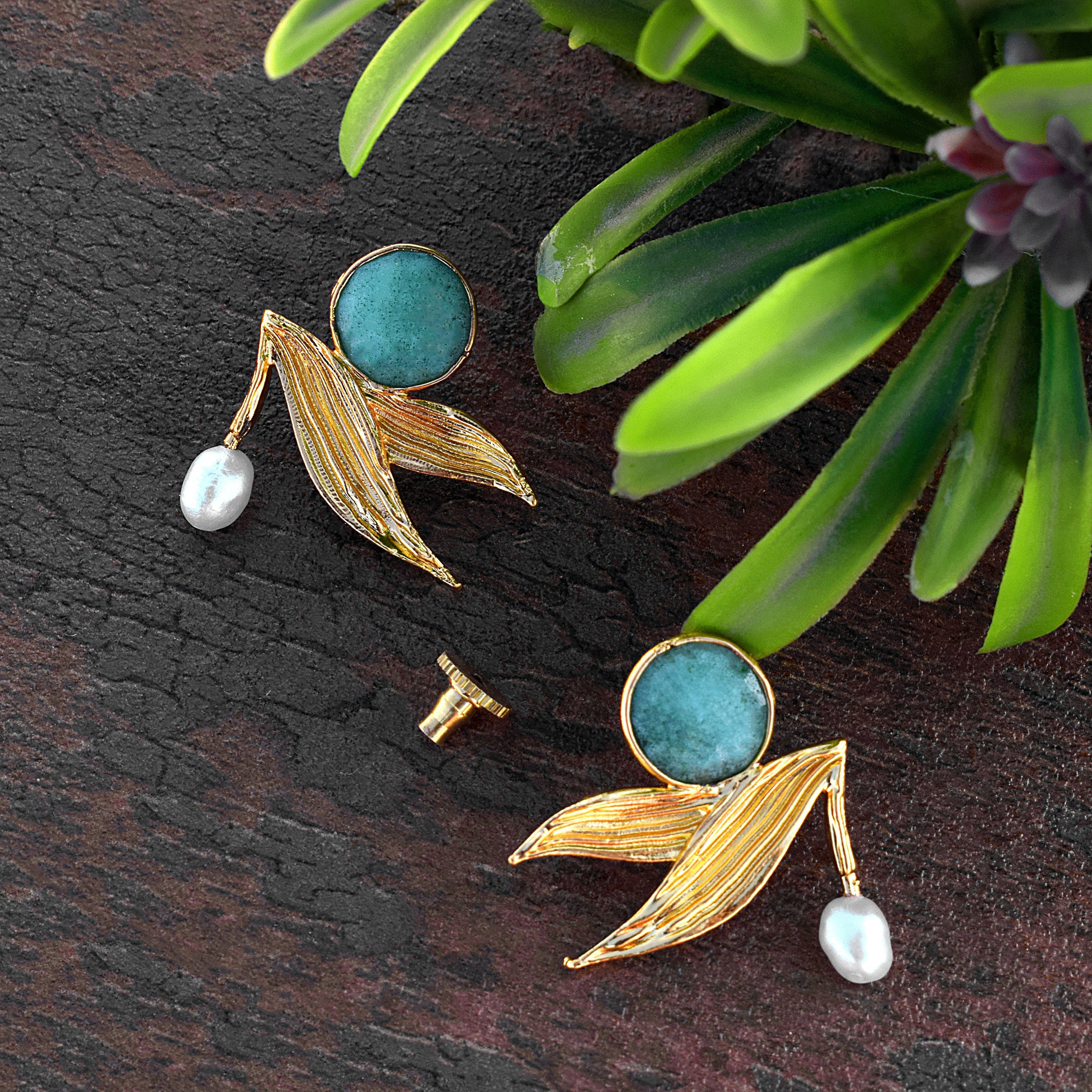 Chalcedony & Pearl Gemstone Earrings - Leaf Earrings - Dangle Earring - Drop Earring - Minimal Jewelry - Plant Earring, Olive Leaves Earring