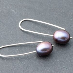Contemporary Eggplant Pearl Earrings, Plum Freshwater Pearl Minimalist Dangles, 925 Sterling Silver Threader Ear Wires