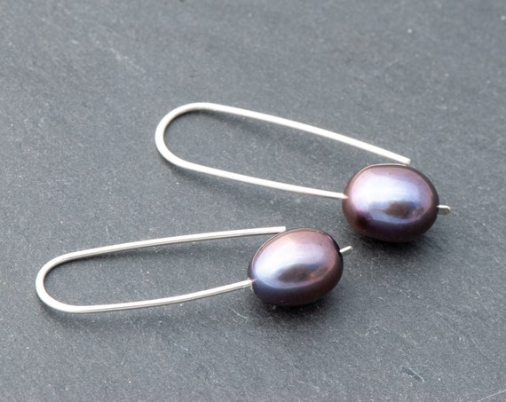 Contemporary Eggplant Pearl Earrings, Plum Freshwater Pearl Minimalist Dangles, 925 Sterling Silver Threader Ear Wires