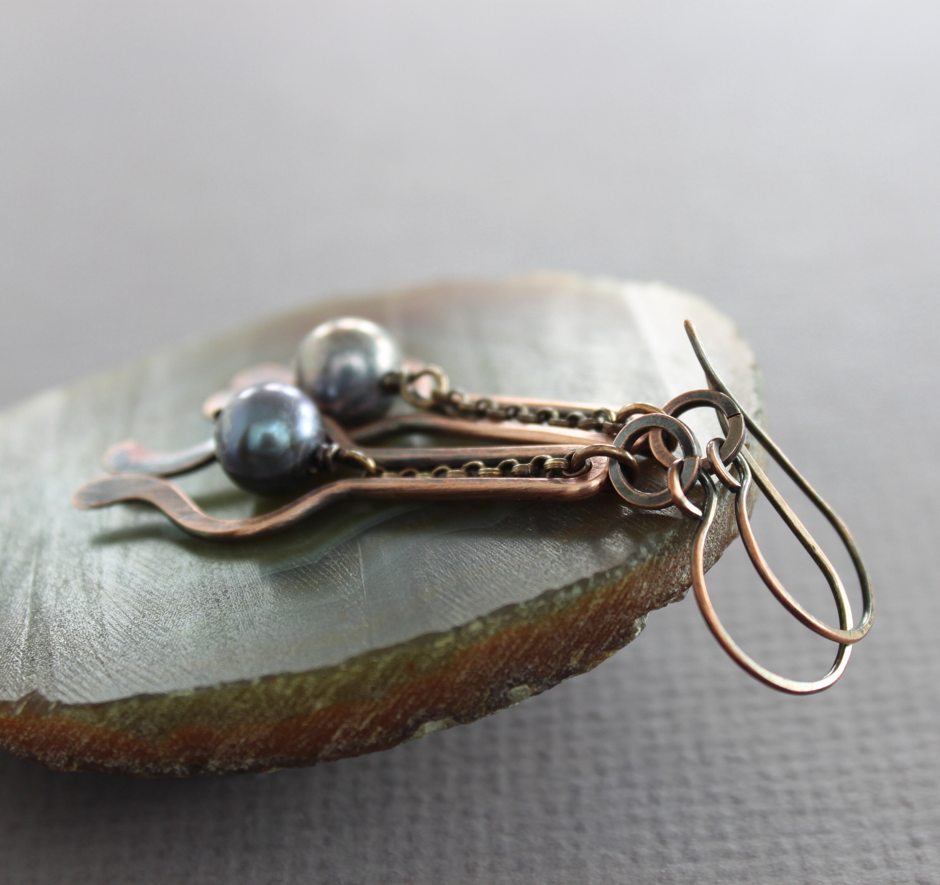 Copper Fish Earrings: Bronze Pearl Dangle Earrings
