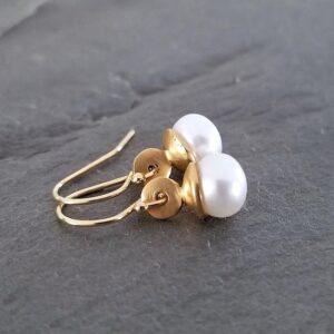Dainty button pearl earrings, petite drop, gold cap in satin gold finish, minimalist jewelry