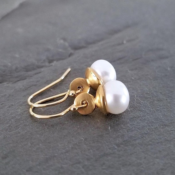 Dainty Button Pearl Earrings, Petite Drop, Gold Cap In Satin Gold Finish, Minimalist Jewelry