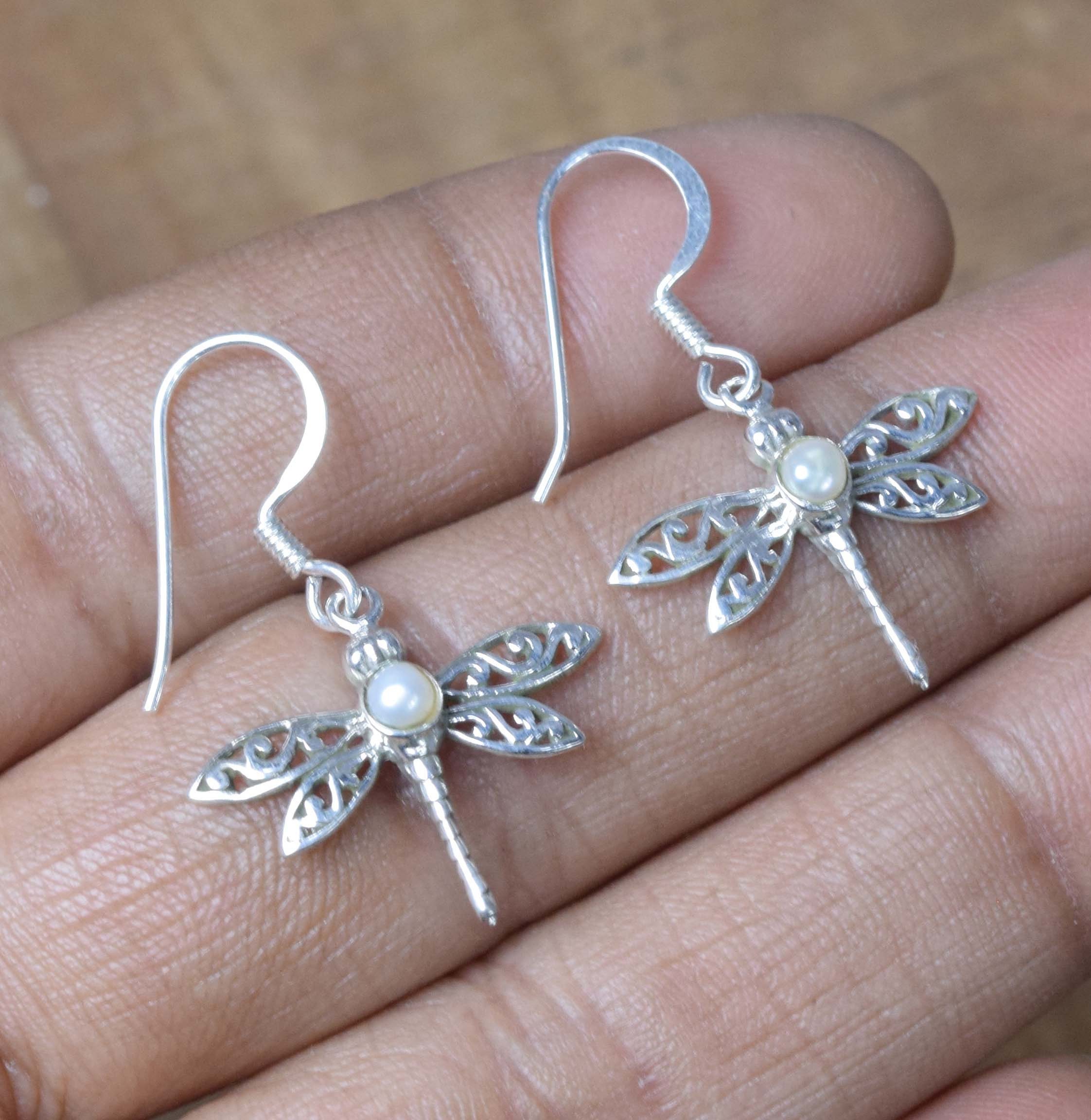 Freshwater Pearl Dragonfly Earrings: 925 Sterling Silver, June Birthstone