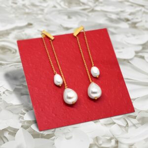 Freshwater Keshi Pearl Earrings, Long Mismatched Dangle Drop Earrings