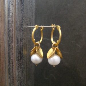 Pearl earrings, freshwater pearl, white pearl, leaf and pearl, small hoops, leaf earrings, June birthstone, pearl hoops, gold hoop, dangle