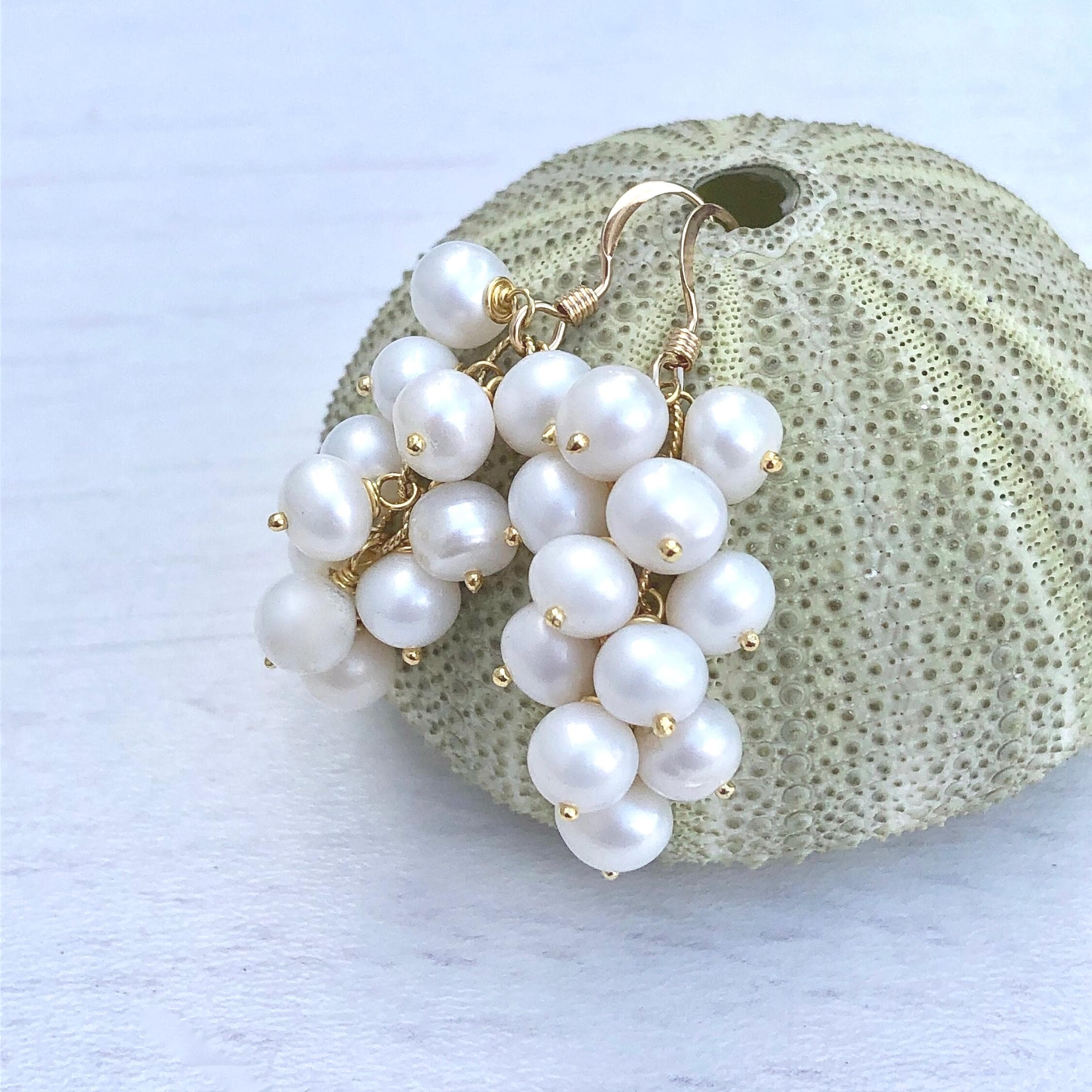 Pearl Earrings, June Birthstone, White Pearl Cluster Statement Earrings, Freshwater Pearl Dangle Earrings, White Pearl Jewelry, Gift For Her