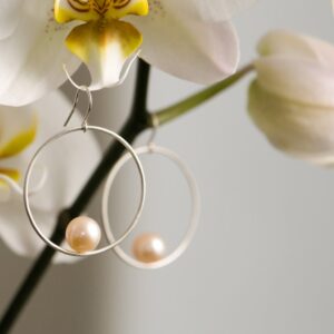Peach Pearl Hoop Earrings, Pearl Dangle Earrings In Silver
