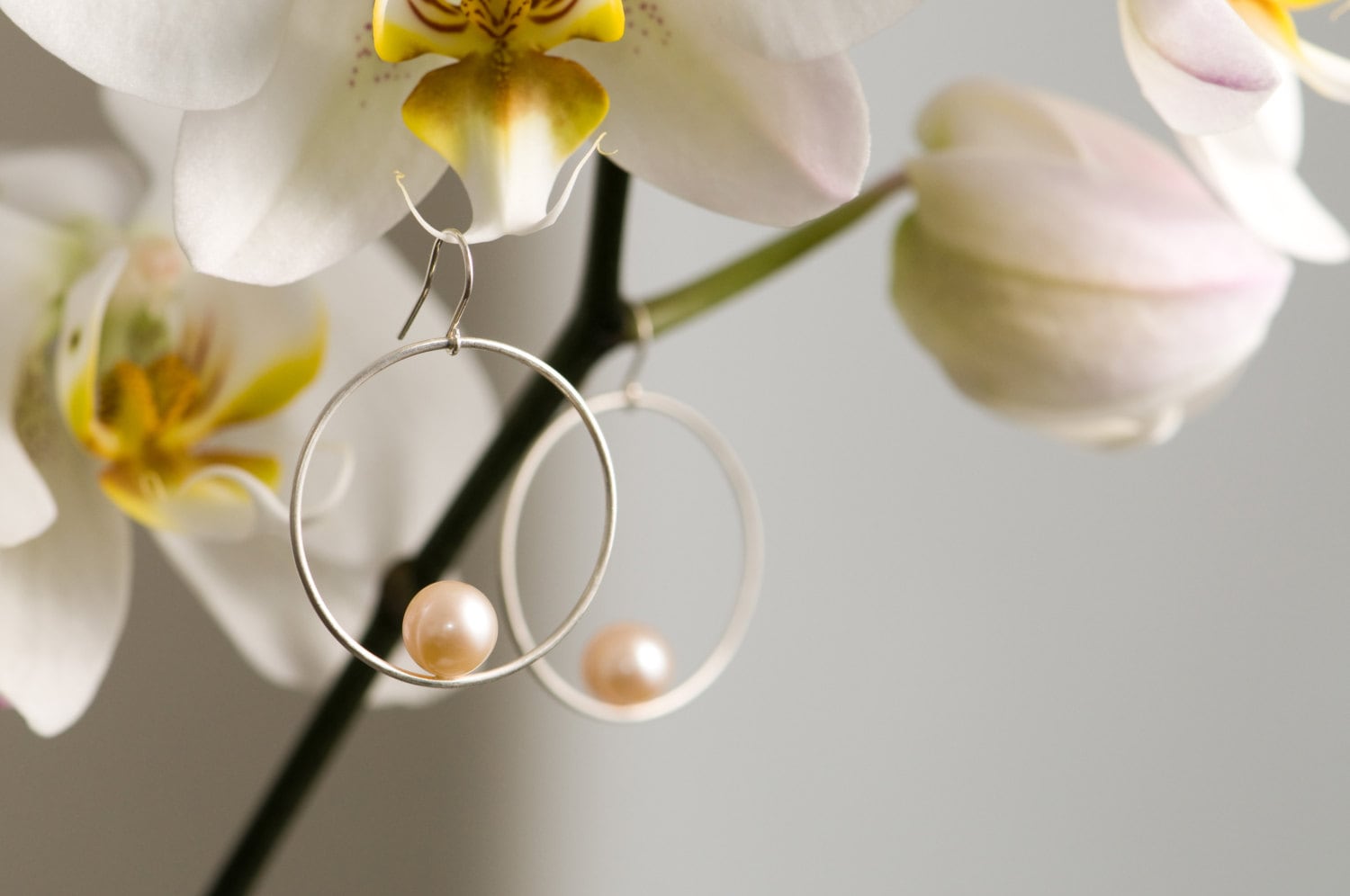 Peach Pearl Hoop Earrings, Pearl Dangle Earrings In Silver