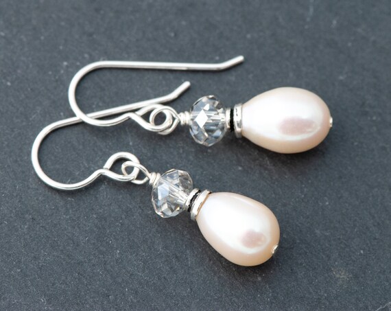 Petite White Pearl Earrings With Premium Crystals, Minimalist Freshwater Pearl Drops, Bridal Wedding Pearls, 925 Silver French Ear Wires