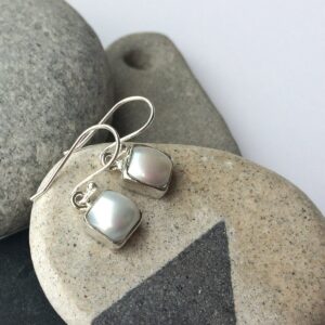 Pearl Silver Earrings, Delicate Square Pearl Earrings, Sterling Silver Square Earrings, Bridal Pearl Earrings, Elegant, Shiny White Pearl