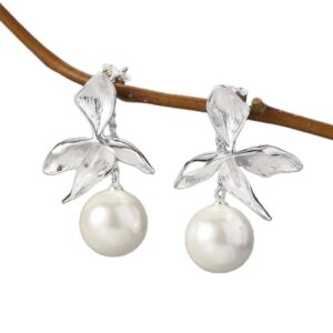 Silver Orchid Stud Earrings with Removable Pearl Dangle • Sterling Silver 925 • 10mm Shell Pearl • ABSOLUTELY BEAUTIFUL