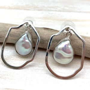 Sterling Silver Freeform Mabe Pearl Earrings, Modern Creamy White Jewelry