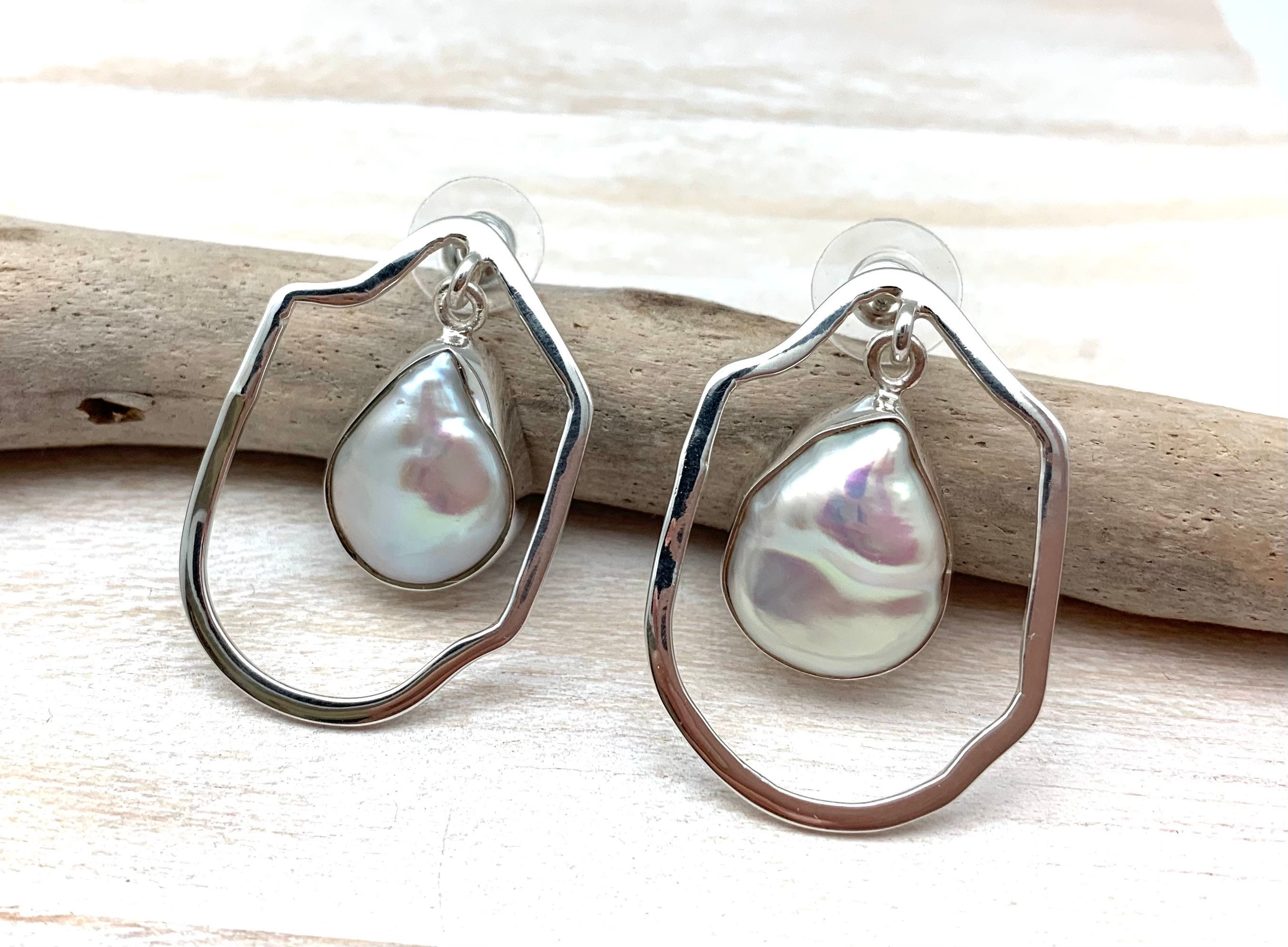 Sterling Silver Freeform Mabe Pearl Earrings, Modern Creamy White Jewelry