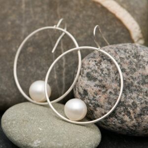 Sterling Silver Pearl Hoop Earrings, Handmade Dangle Earrings