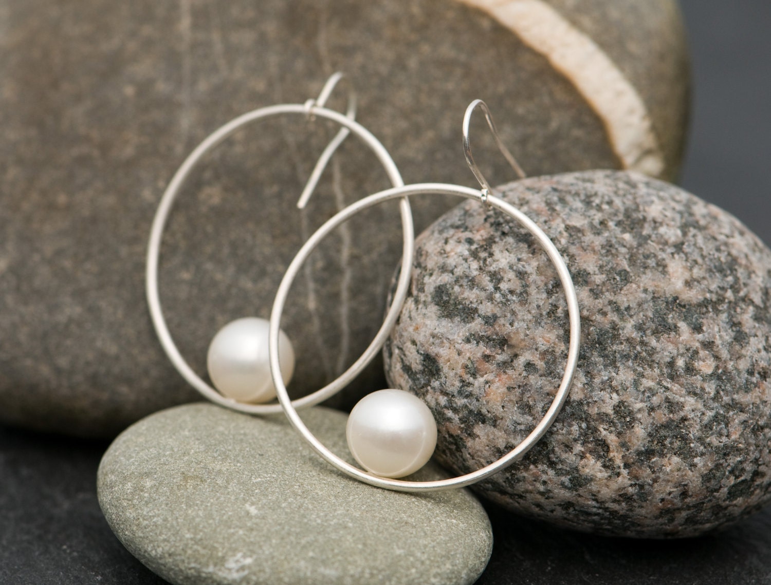 Sterling Silver Pearl Hoop Earrings, Handmade Dangle Earrings