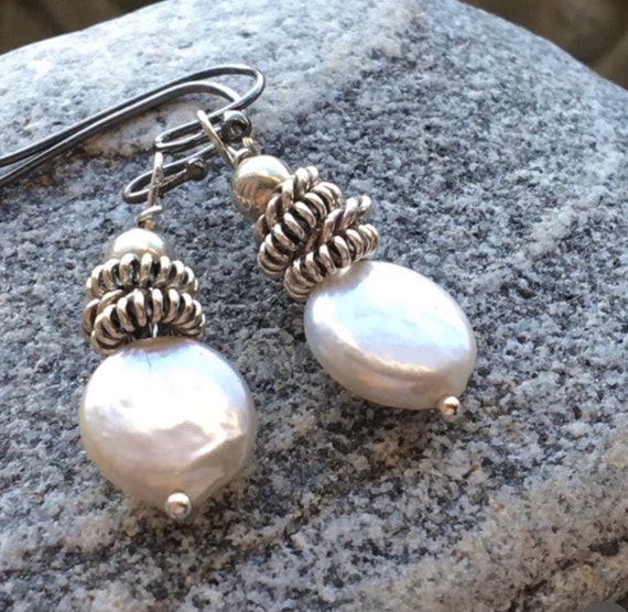 Thai Karen Hill Tribe Silver, White Coin Pearl Earrings, Sterling Silver, Pearl Drop Earrings