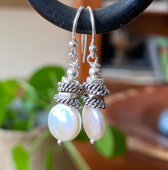Thai Karen Hill Tribe Silver, White Coin Pearl Earrings, Sterling Silver Earrings, Sweet Drop Earrings