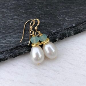 White Pearl Earrings, Aqua Chalcedony Earrings, White and Teal Color, Small Gold Pearl, Dainty Pearl Drop Earrings, Christmas gift for her