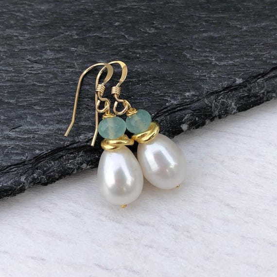 White Pearl Earrings, Aqua Chalcedony Earrings, White And Teal Color, Small Gold Pearl, Dainty Pearl Drop Earrings, Christmas Gift For Her White Pearl Earrings, Aqua Chalcedony Earrings, White And Teal Color, Small Gold Pearl, Dainty Pearl Drop Earrings, Christmas Gift For Her