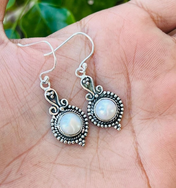 White Pearl Earrings, Dangle Drop Earrings, Solid 925 Sterling Silver, Women Jewelry