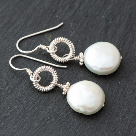 White Freshwater Coin Pearl Earrings, Bridal Pearl Dangles, 925 Sterling Silver French Ear Wires, Wedding Pearls