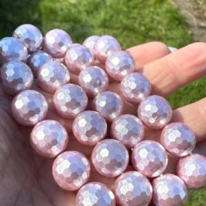 Lilac Shell Pearl Beads 14mm Faceted Round – Glossy Statement Beads – 1mm Hole – Jewellery Making Supplies