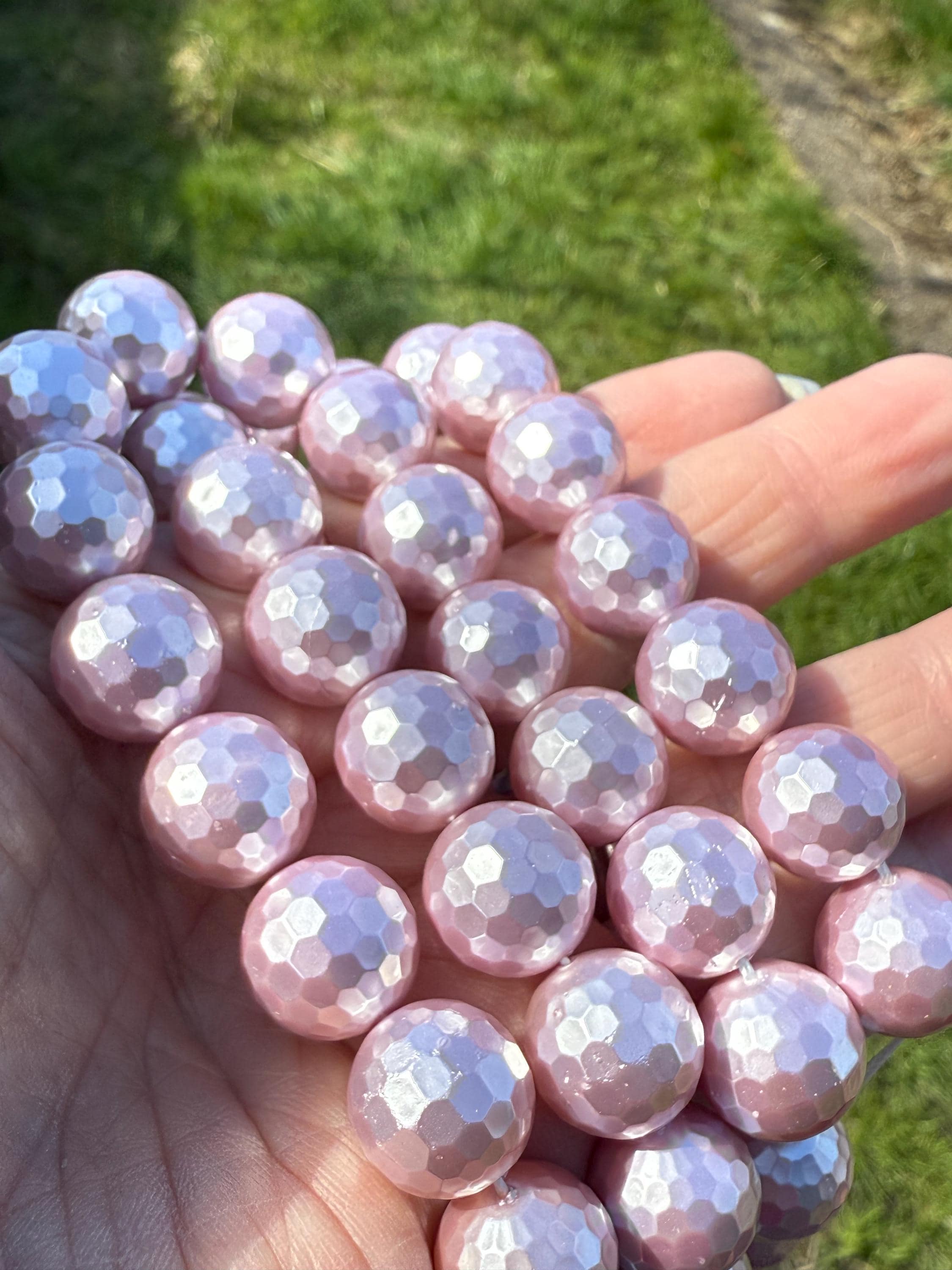 Lilac Shell Pearl Beads 14mm Faceted Round – Glossy Statement Beads – 1mm Hole – Jewellery Making Supplies