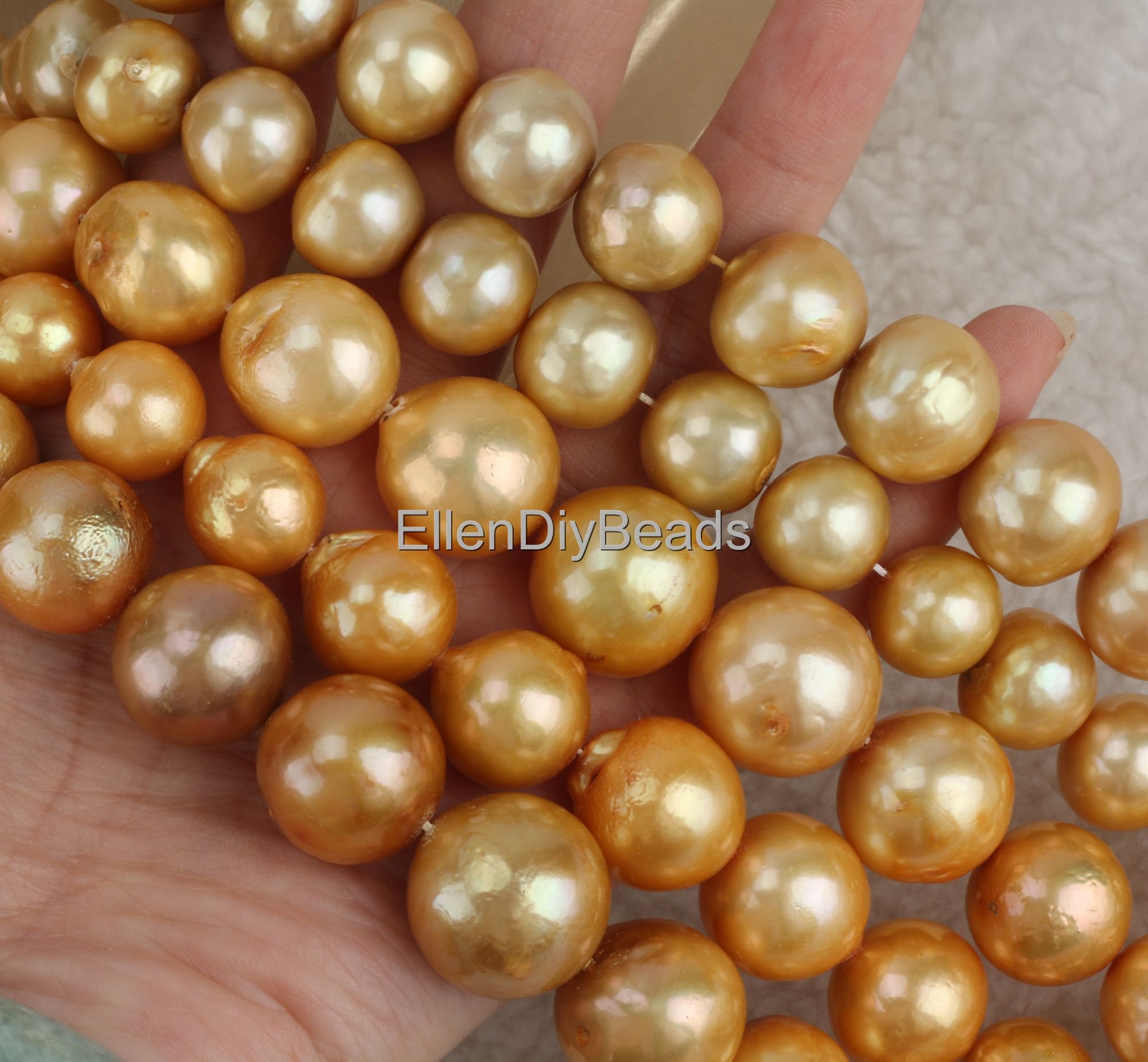 12.5-13x15-16mm Good Quality Large Gloden Nucleated Pearls, Loose Freshwater Pearl Beads, Wholesale Pearls, For Diy Necklace-15inches--ae005