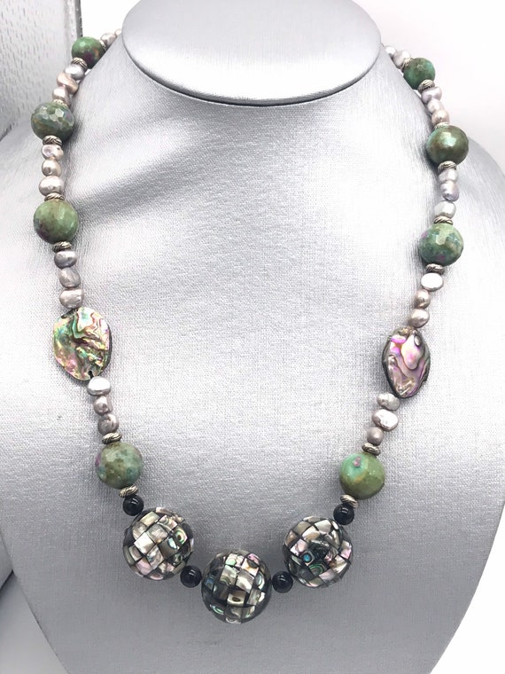 Abalone, Ruby In Fuchsite, And Freshwater Pearls Beaded Necklace