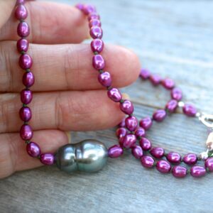 Baroque Tahitian Pearl Necklace: Magenta Pink Freshwater Pearls, Knotted Silk