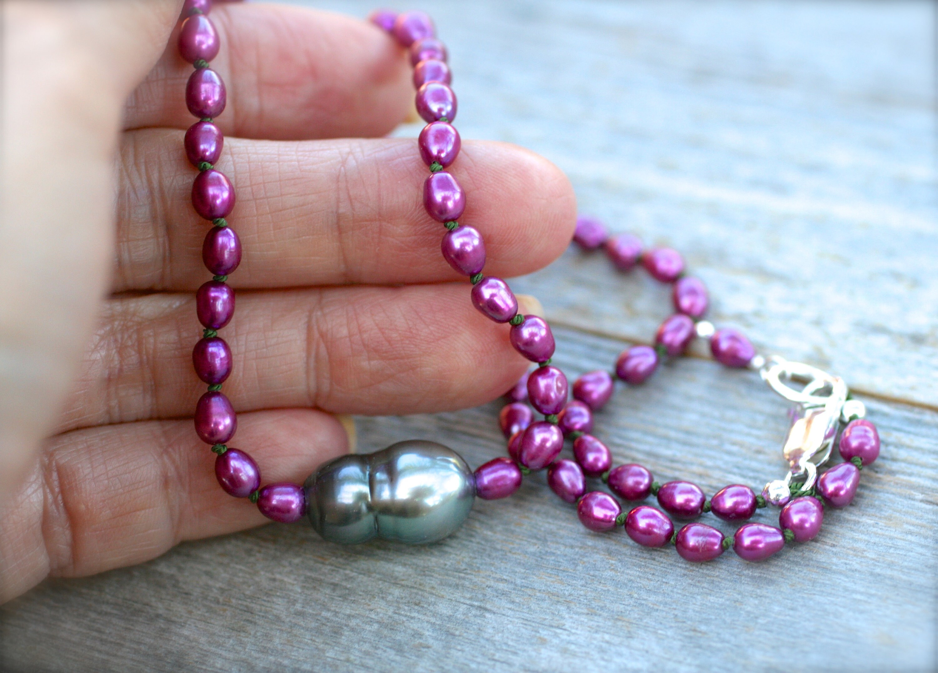 Baroque Tahitian Pearl Necklace: Magenta Pink Freshwater Pearls, Knotted Silk