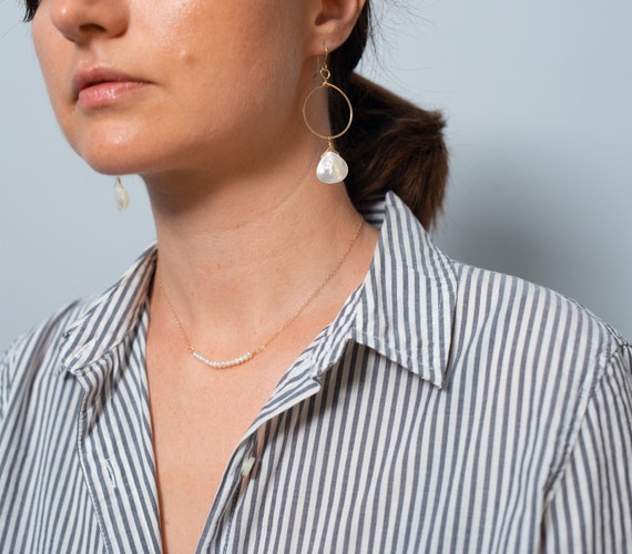 Dainty Seed Pearl Necklace, Tiny Pearl Bar Necklace, Simple Pearl Necklace, Freshwater Real Pearl Necklace, 14k Gold Filled, Sterling Silver